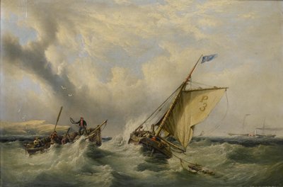 Pilot cutter no. 3 with a rowing boat coming alongside and a paddlesteamer in the distance by Henry King Taylor